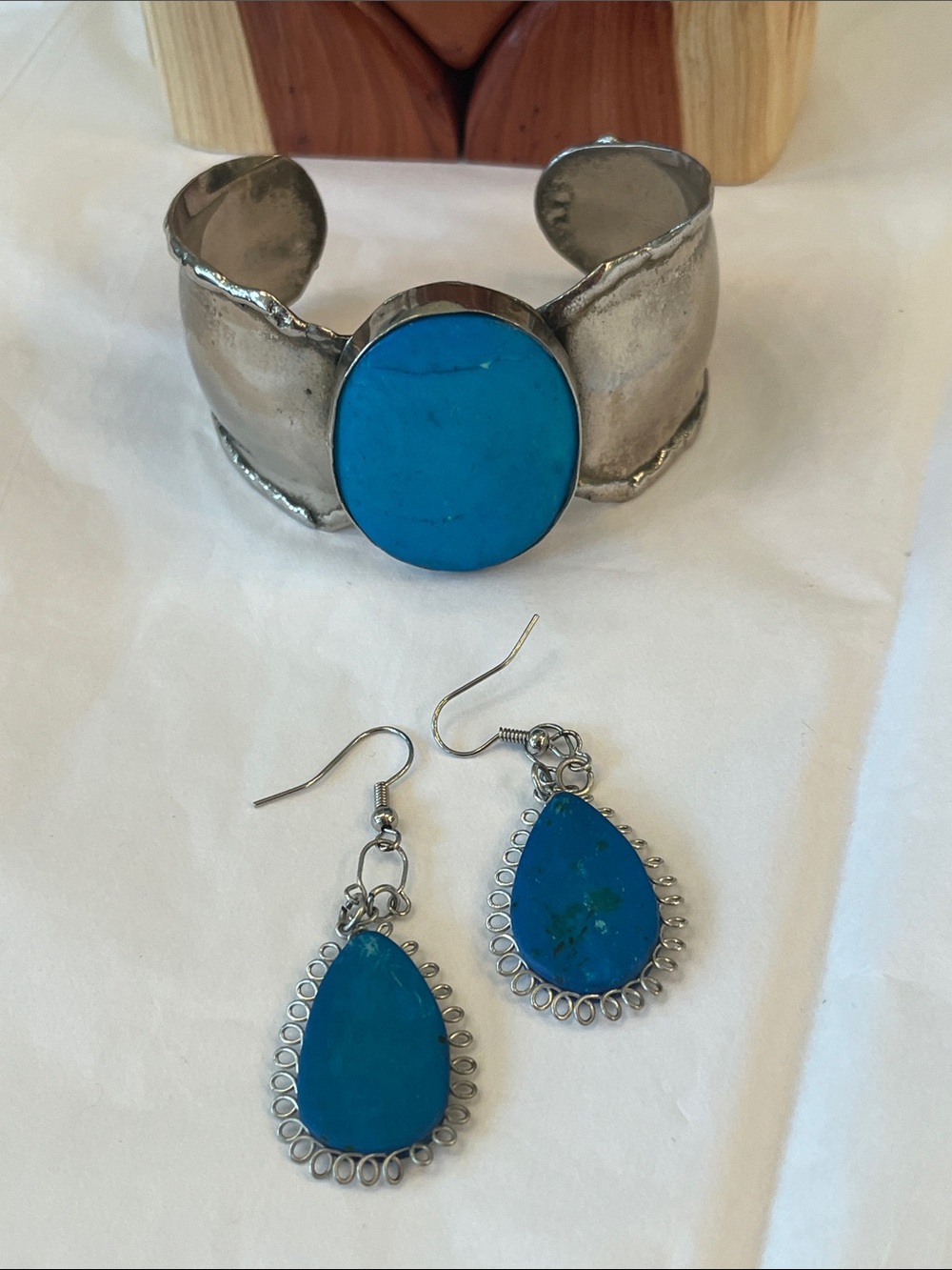 Silver and Blue Large Cuff Bracelet with matching earrings